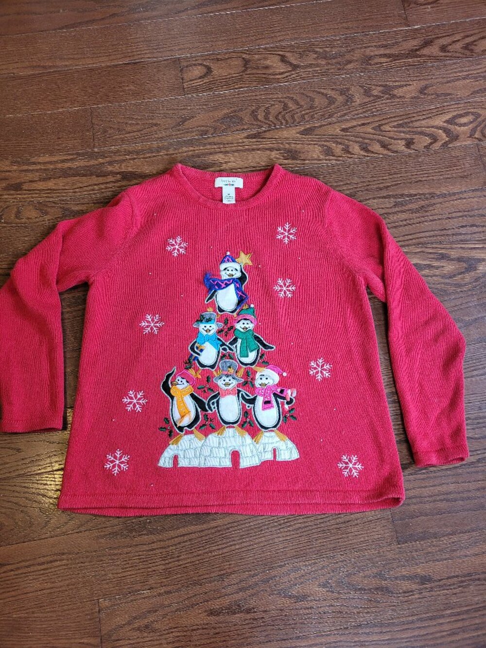 Bechamel Christmas Sweater Red Embroidered Penguin Christmas Tree Knit M